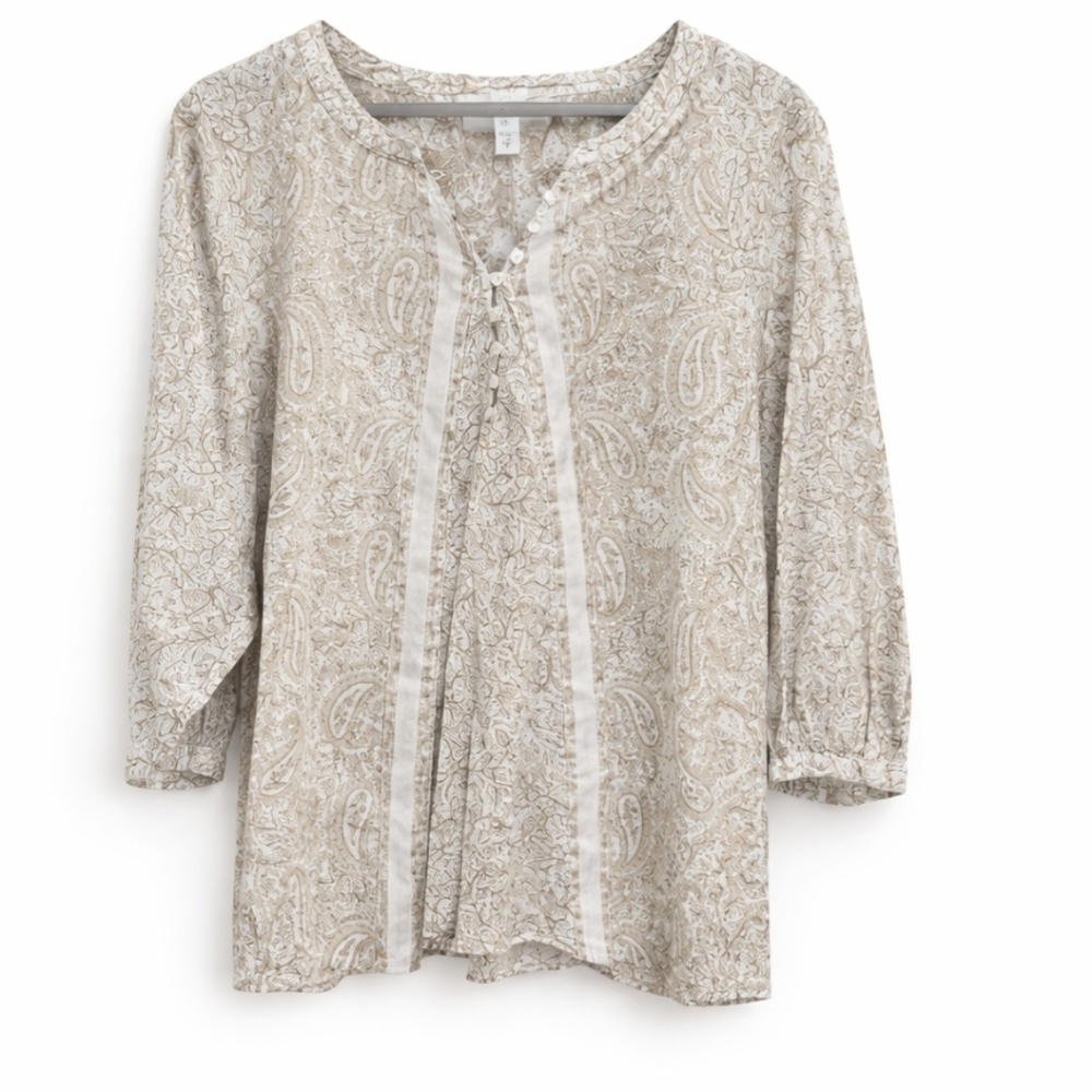 Pure Jill Tan And White Floral Paisley Button Down Collarless Blouse Sz XL